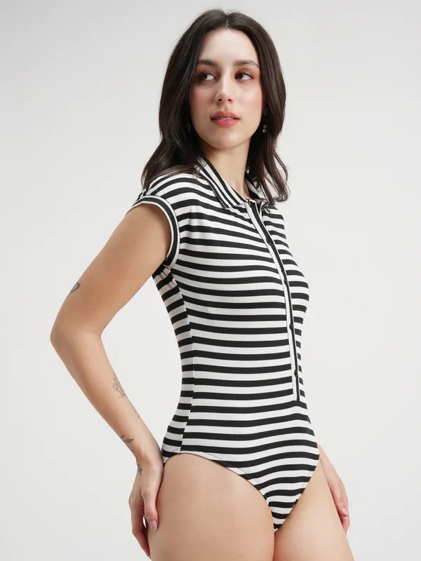 Tokyo Talkies Women Striped Black Fitted Bodysuit