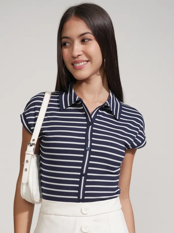 Tokyo Talkies Women Navy Blue Striped Fitted Bodysuit