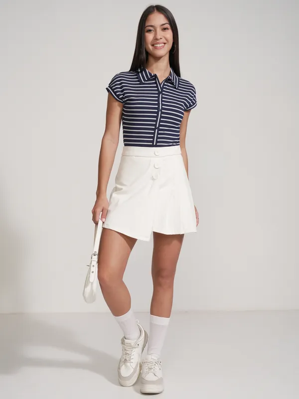 Tokyo Talkies Women Navy Blue Striped Fitted Bodysuit