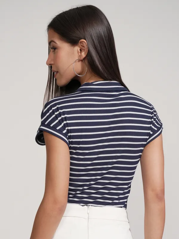 Tokyo Talkies Women Navy Blue Striped Fitted Bodysuit