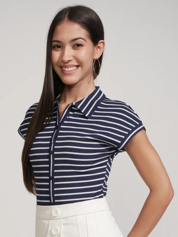 Tokyo Talkies Women Navy Blue Striped Fitted Bodysuit