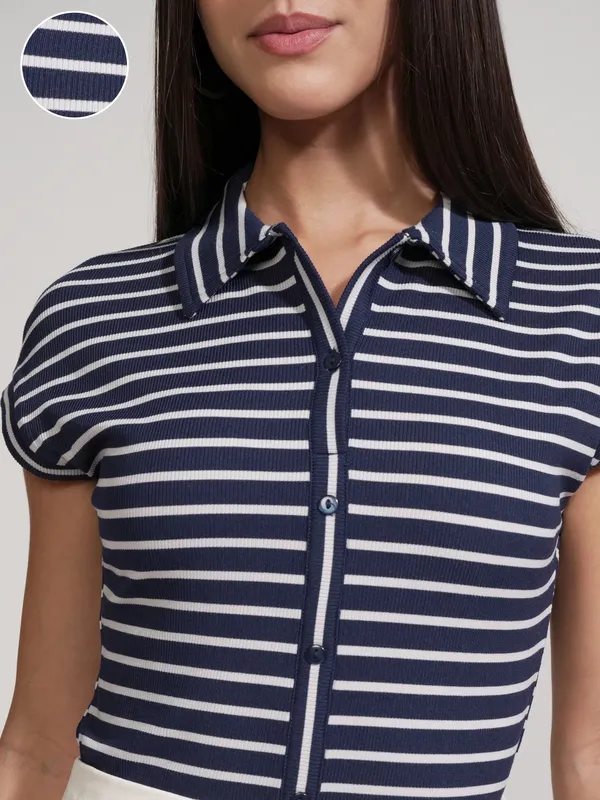 Tokyo Talkies Women Navy Blue Striped Fitted Bodysuit