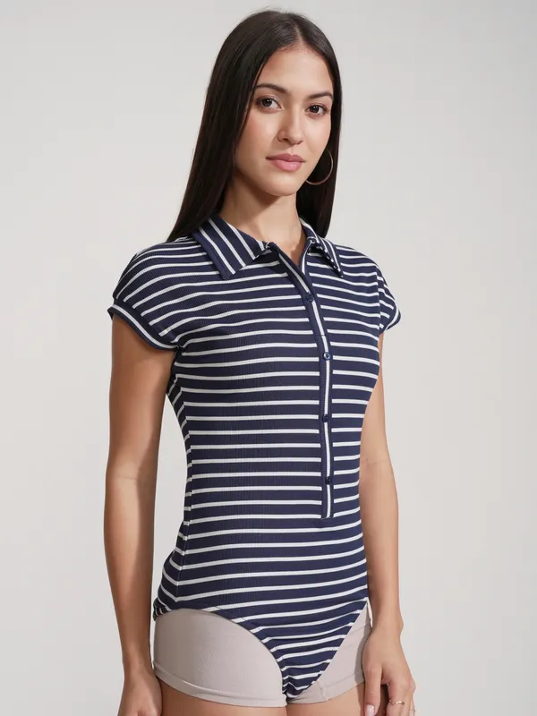 Tokyo Talkies Women Navy Blue Striped Fitted Bodysuit