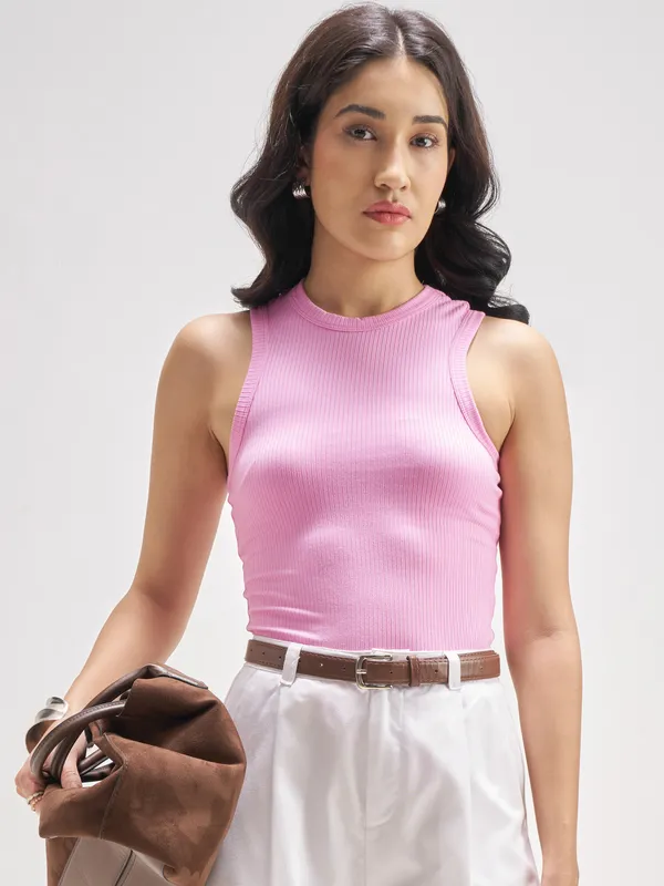 Street By Tokyo Talkies Women Pink Solid Fitted Bodysuit