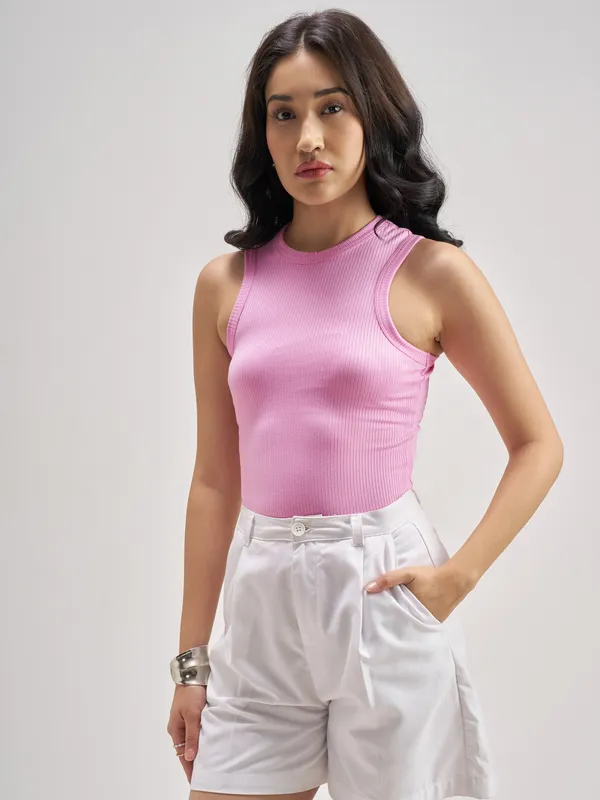 Street By Tokyo Talkies Women Pink Solid Fitted Bodysuit