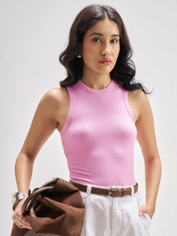 Street By Tokyo Talkies Women Pink Solid Fitted Bodysuit