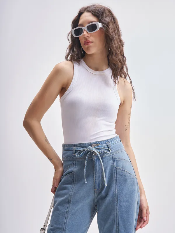 Tokyo Talkies Women White Solid Fitted Bodysuit