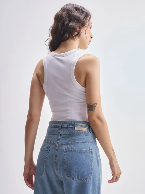 Tokyo Talkies Women White Solid Fitted Bodysuit