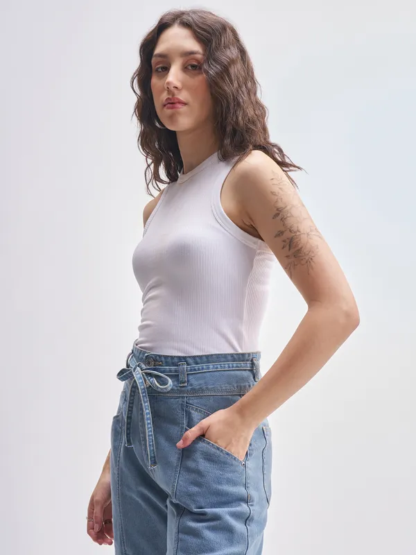 Tokyo Talkies Women White Solid Fitted Bodysuit