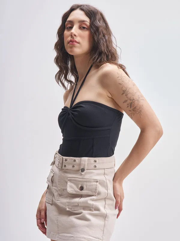 Tokyo Talkies Women Black Solid Regular Fit Bodysuit