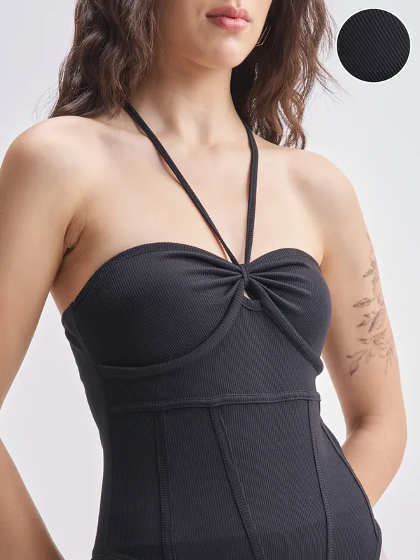 Tokyo Talkies Women Black Solid Regular Fit Bodysuit