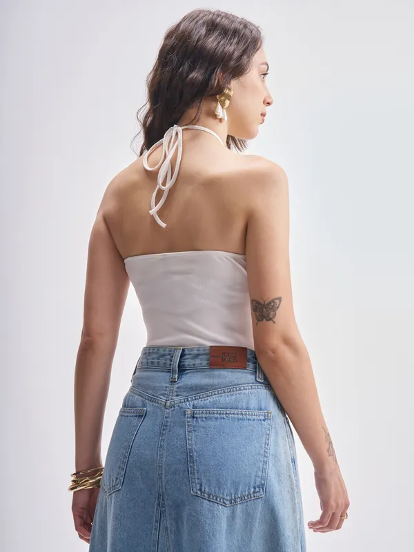 Tokyo Talkies Women Off White Solid Regular Fit Bodysuit