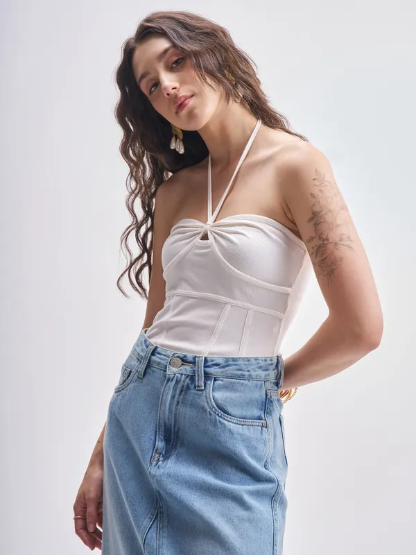 Tokyo Talkies Women Off White Solid Regular Fit Bodysuit