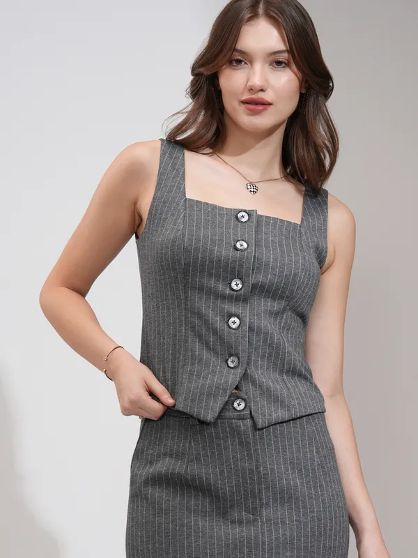 Tokyo Talkies Women Grey Coat With Skirt Co-Ords