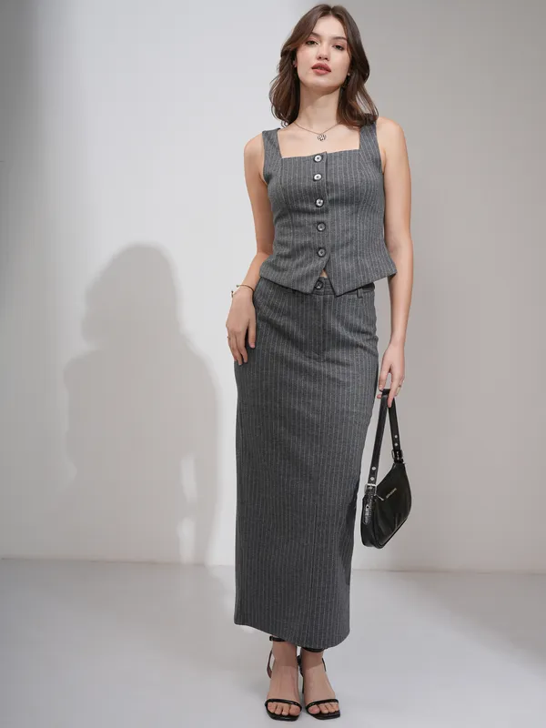 Tokyo Talkies Women Grey Coat With Skirt Co-Ords