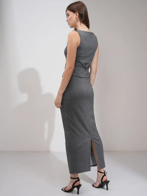 Tokyo Talkies Women Grey Coat With Skirt Co-Ords