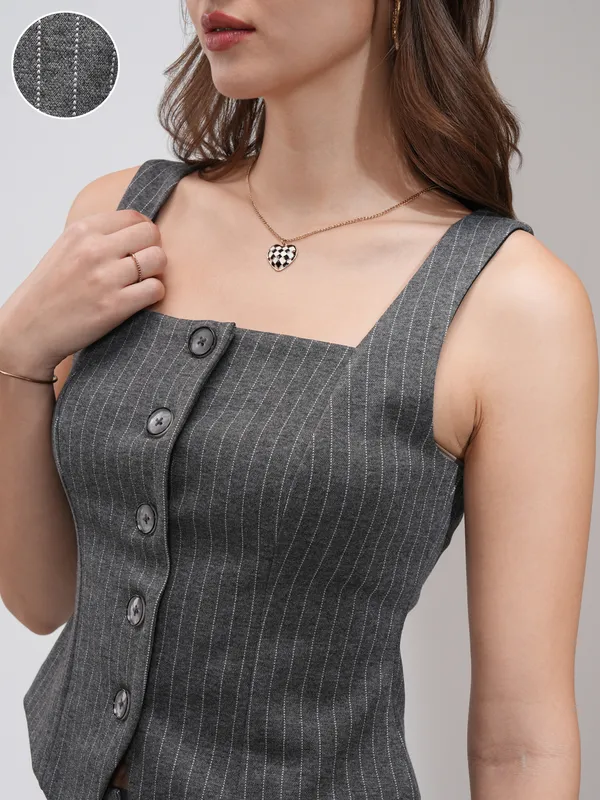 Tokyo Talkies Women Grey Coat With Skirt Co-Ords