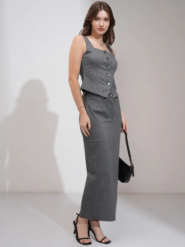 Tokyo Talkies Women Grey Coat With Skirt Co-Ords