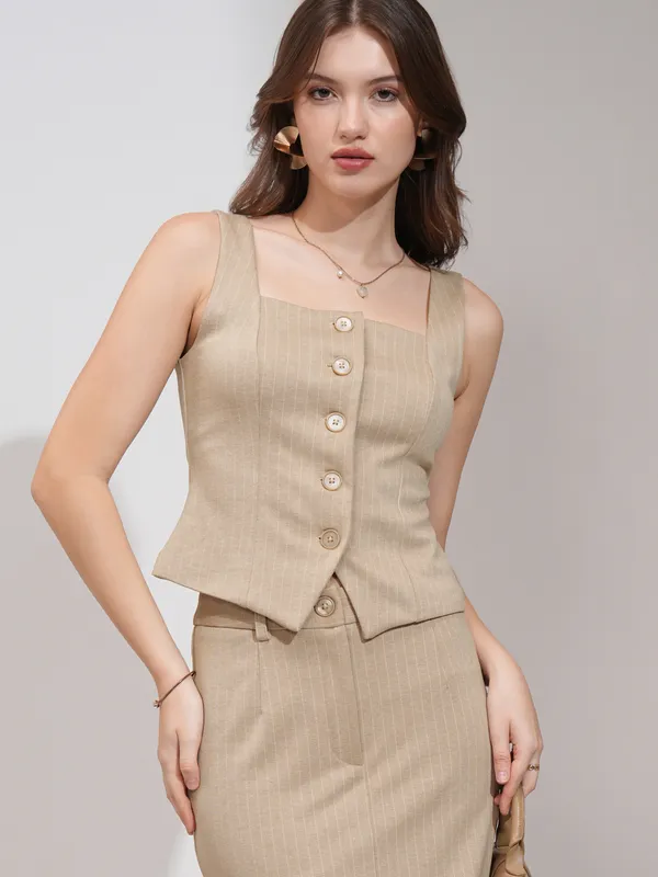 Tokyo Talkies Women Beige Coat With Skirt Co-Ords
