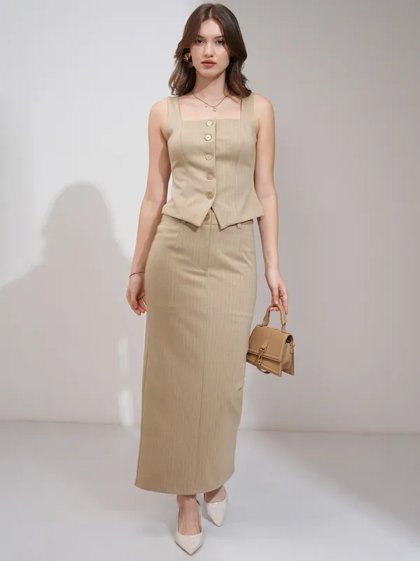 Tokyo Talkies Women Beige Coat With Skirt Co-Ords