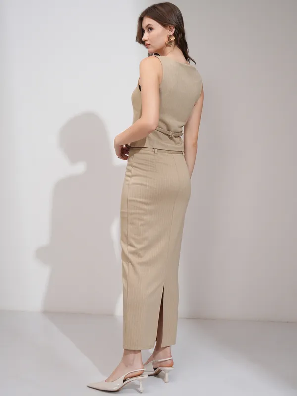 Tokyo Talkies Women Beige Coat With Skirt Co-Ords