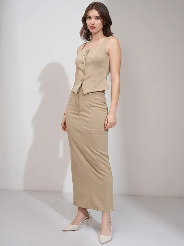 Tokyo Talkies Women Beige Coat With Skirt Co-Ords