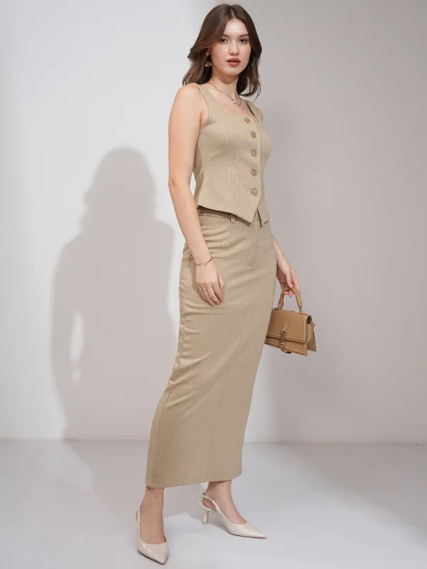 Tokyo Talkies Women Beige Coat With Skirt Co-Ords