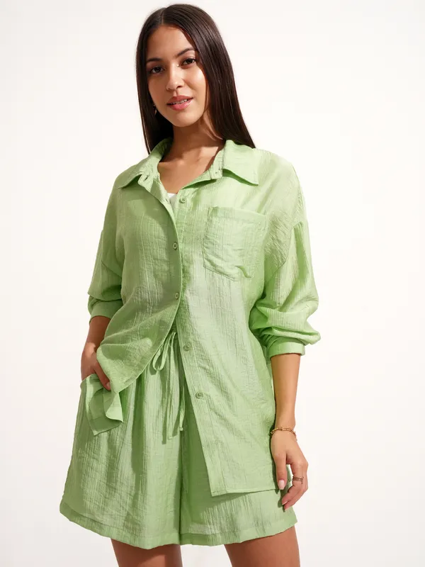 Tokyo Talkies Women Green Shirt With Short