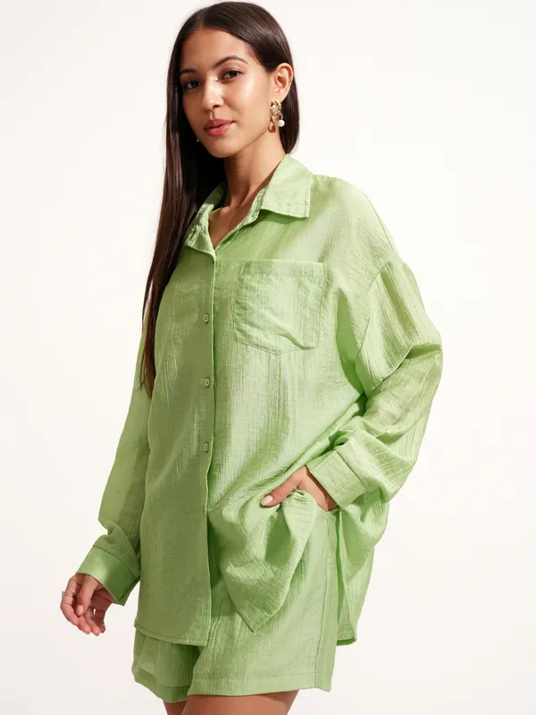 Tokyo Talkies Women Green Shirt With Short