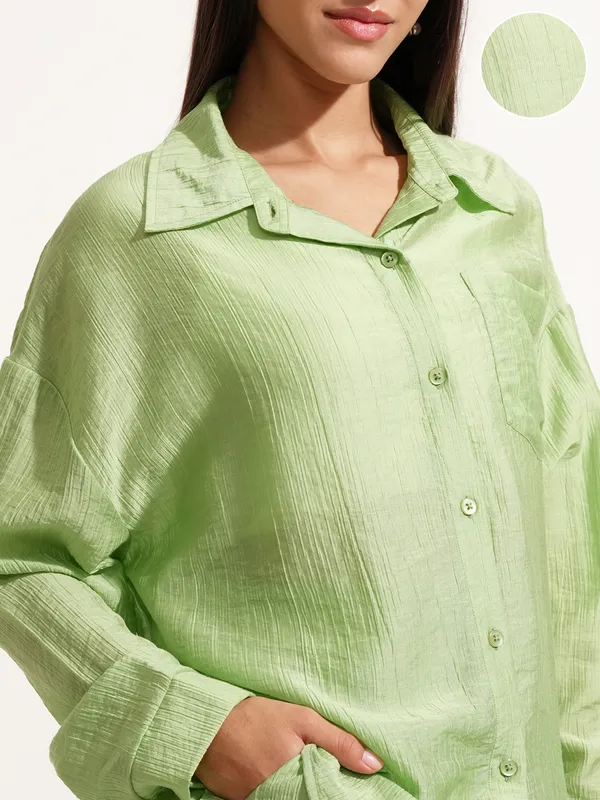 Tokyo Talkies Women Green Shirt With Short
