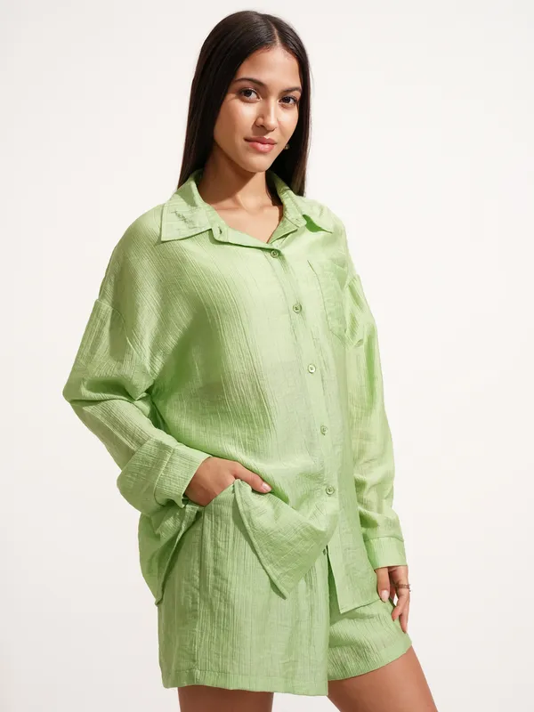 Tokyo Talkies Women Green Shirt With Short
