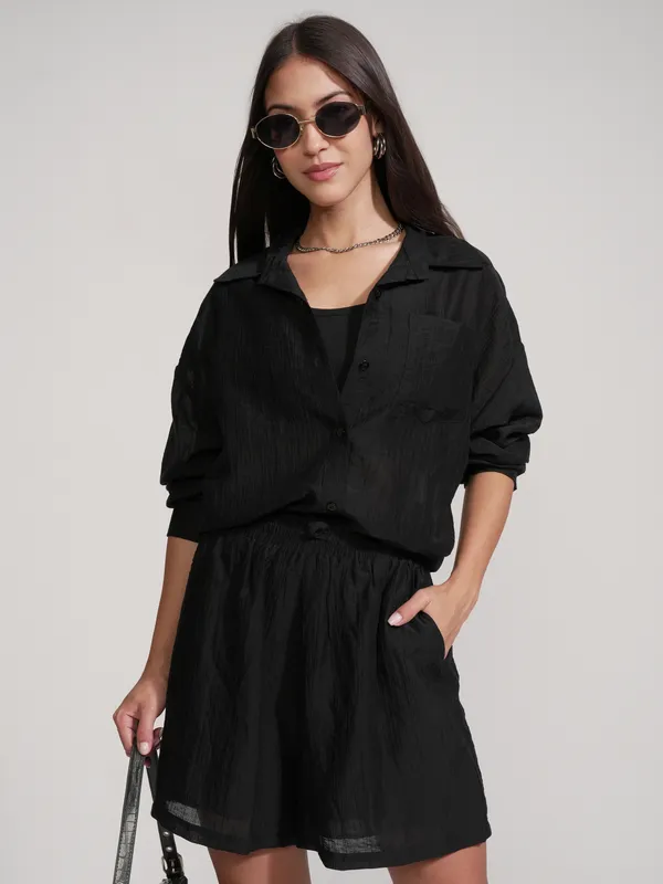 Tokyo Talkies Women Black Shirt With Short