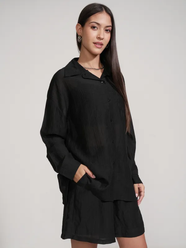 Tokyo Talkies Women Black Shirt With Short