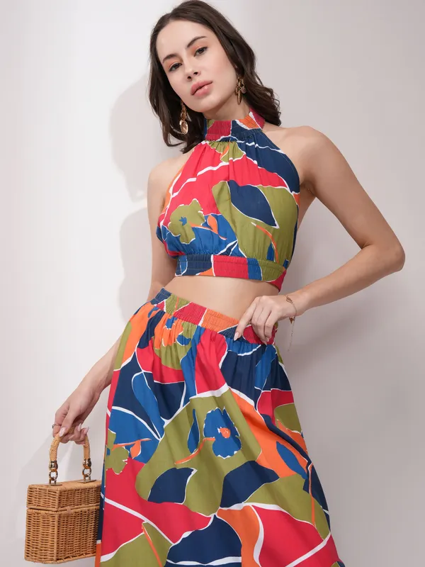 Tokyo Talkies Women Red Top With Skirt Co-Ords