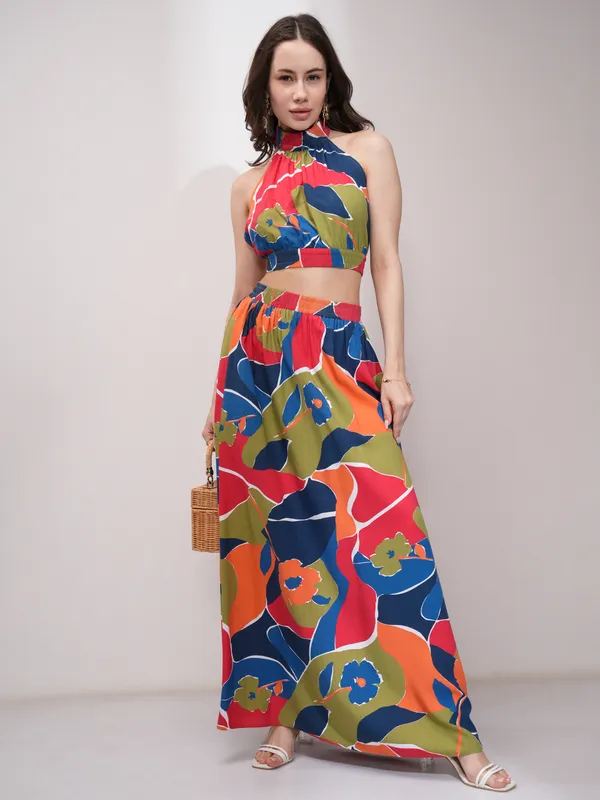 Tokyo Talkies Women Red Top With Skirt Co-Ords