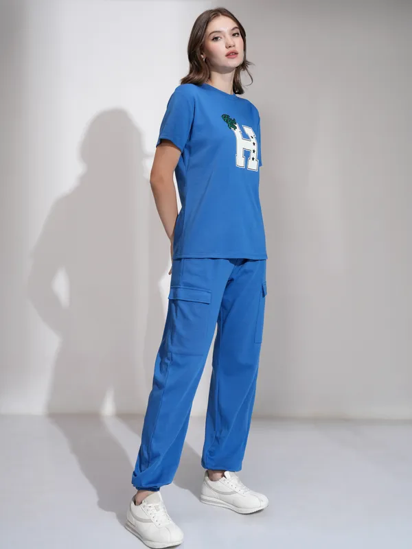 Tokyo Talkies Women Blue T-Shirt With Joggers Co-Ords