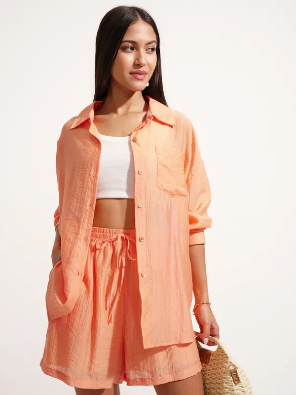 Tokyo Talkies Women Orange Shirt With Short