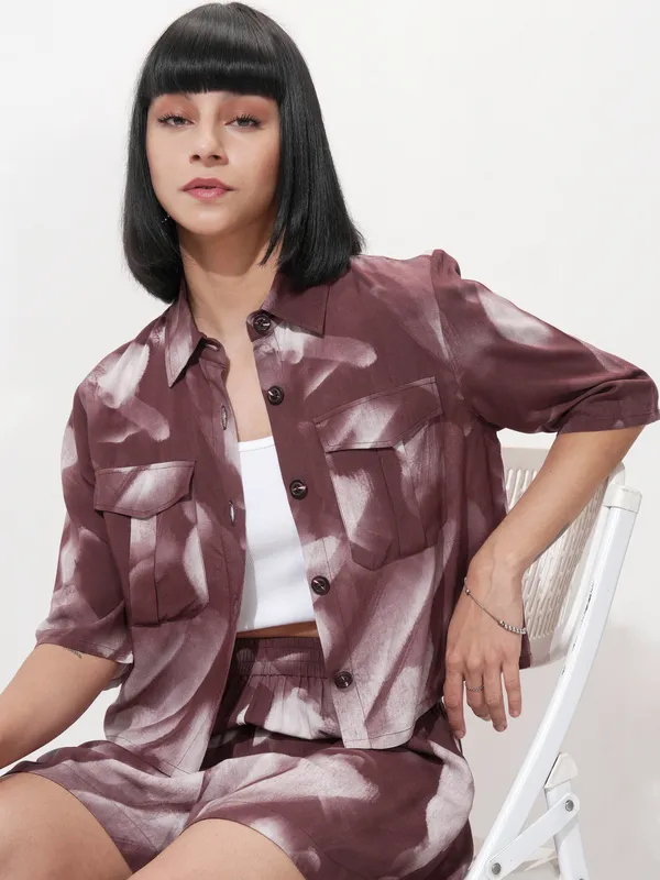 Tokyo Talkies Women Burgundy Shirt With Short