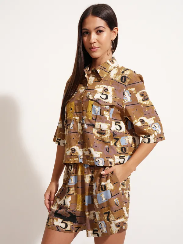 Tokyo Talkies Women Brown Shirt With Short