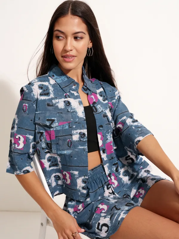 Tokyo Talkies Women Blue Shirt With Short