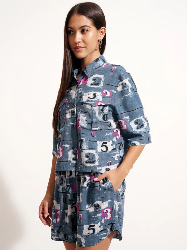 Tokyo Talkies Women Blue Shirt With Short