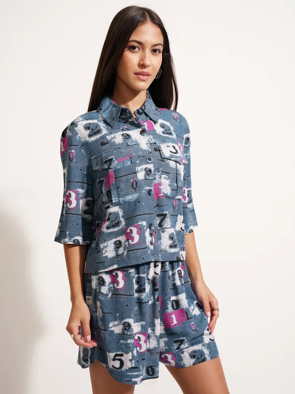 Tokyo Talkies Women Blue Shirt With Short