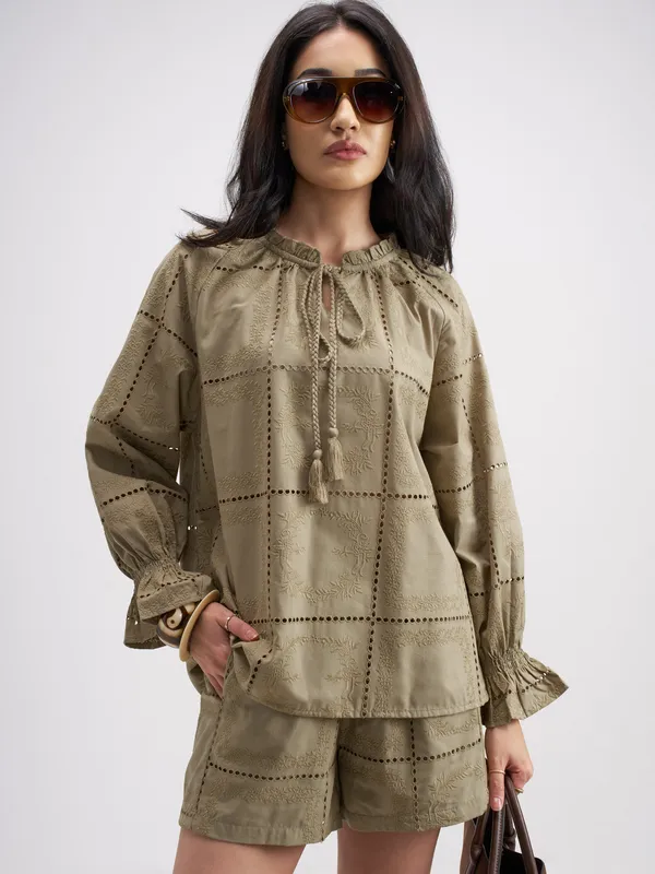 Tokyo Talkies Women Khaki Top With Shorts Co-Ords