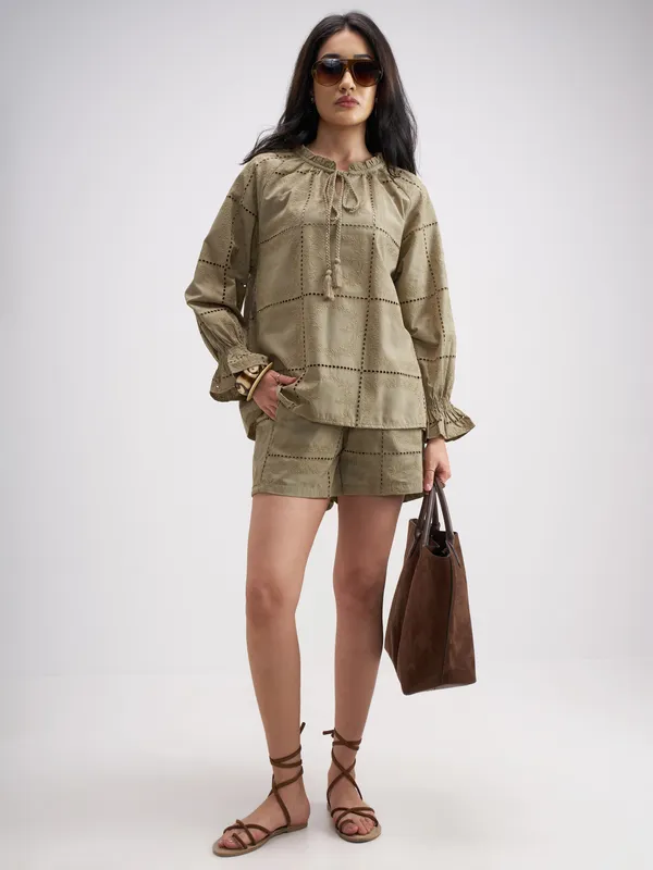 Tokyo Talkies Women Khaki Top With Shorts Co-Ords