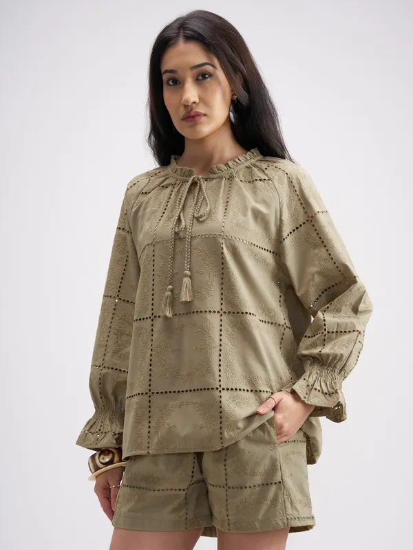 Tokyo Talkies Women Khaki Top With Shorts Co-Ords