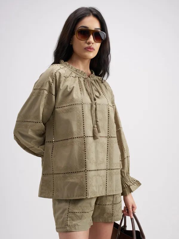 Tokyo Talkies Women Khaki Top With Shorts Co-Ords