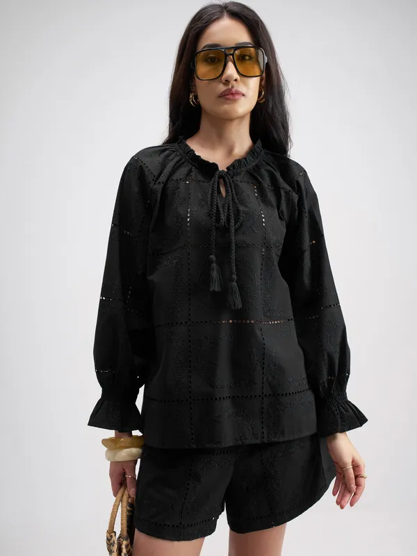 Tokyo Talkies Women Black Top With Shorts Co-Ords