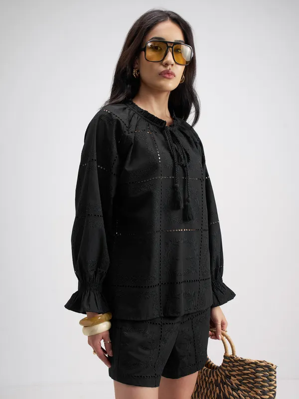 Tokyo Talkies Women Black Top With Shorts Co-Ords