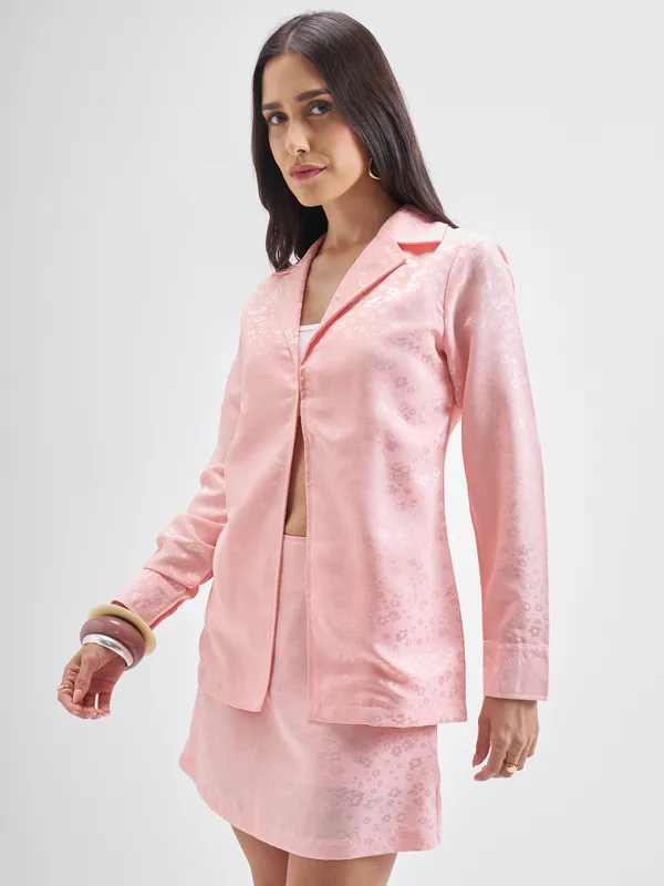 Chic By Tokyo Talkies Women Pink Coat With Skirt Co-Ords