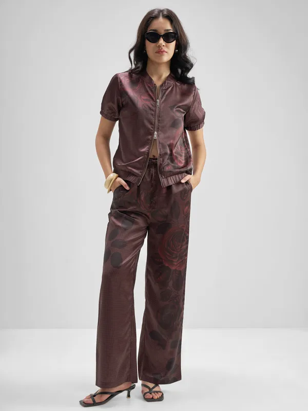 Tokyo Talkies Women Maroon Top Trouser Co-Ords